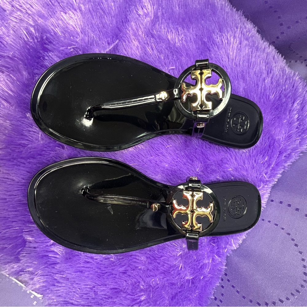 Tory Burch Black Patent Sandals with Gold Logo